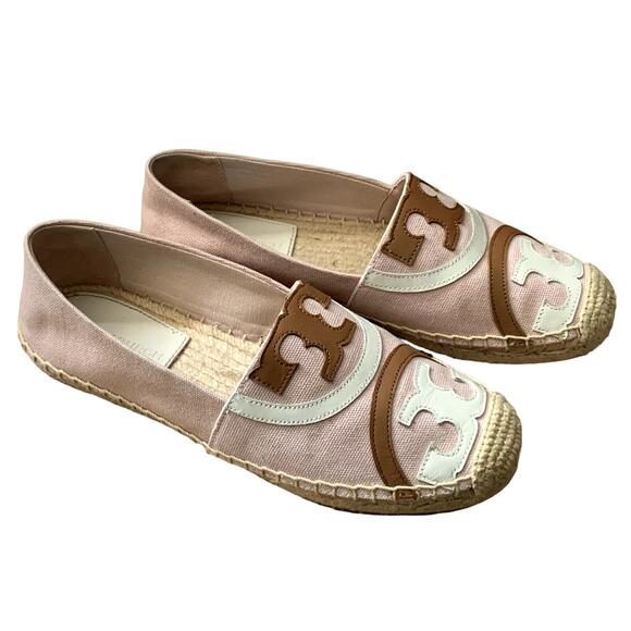 Tory Buch Poppy Canvas Patent Espadrille Flats in Pink/White/Brown